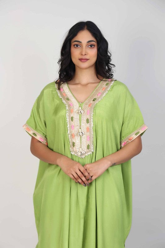 Green Elbow Sleeves Chanderi Lace attachament on neck placket Calf length Kurta Set - Without Dupatta