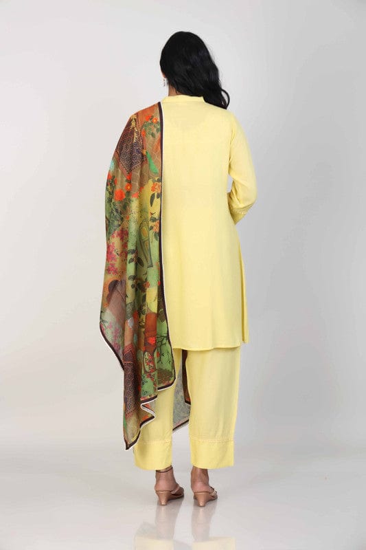 Yellow 3/4th Sleeves Cotton Lace and thread work Knee length Kurta Set - With Dupatta