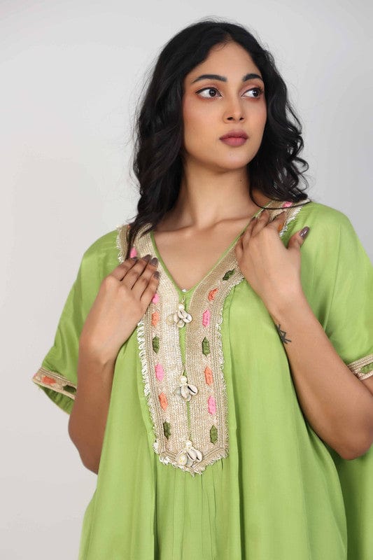 Green Elbow Sleeves Chanderi Lace attachament on neck placket Calf length Kurta Set - Without Dupatta