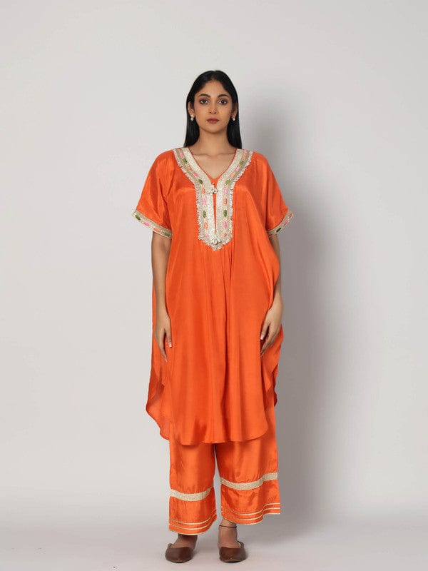Rust Elbow Sleeves Chanderi Lace attachament on neck placket Calf length Kurta Set - Without Dupatta