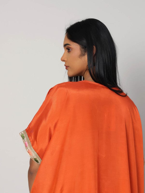 Rust Elbow Sleeves Chanderi Lace attachament on neck placket Calf length Kurta Set - Without Dupatta