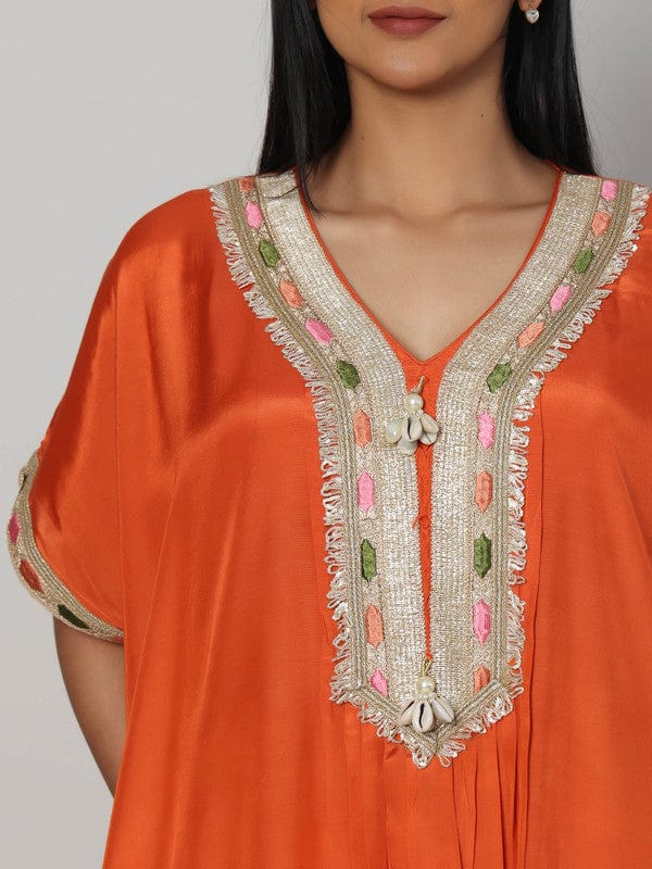 Rust Elbow Sleeves Chanderi Lace attachament on neck placket Calf length Kurta Set - Without Dupatta