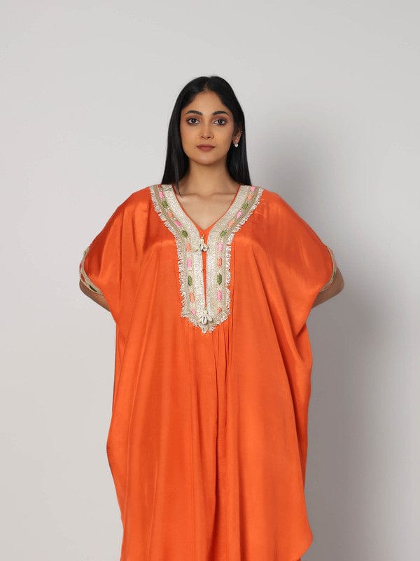 Rust Elbow Sleeves Chanderi Lace attachament on neck placket Calf length Kurta Set - Without Dupatta