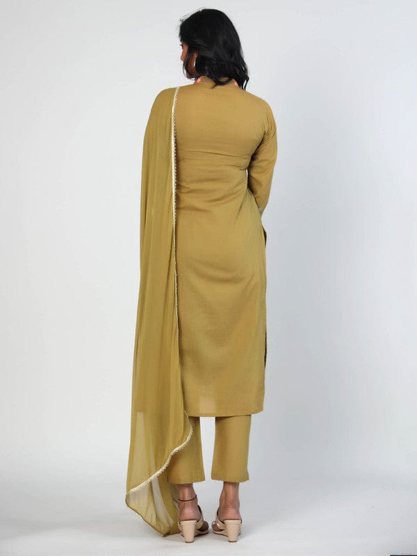 Olive 3/4th Sleeves Cotton Placement print with mirror and thread work Calf length Kurta Set - With Dupatta