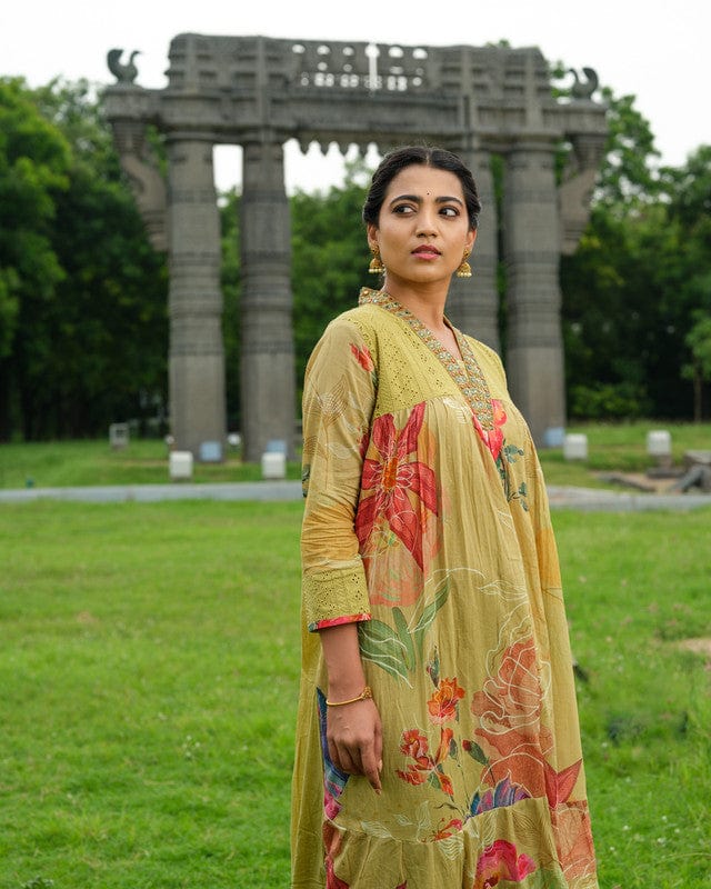 Green 3/4th Sleeves Floral print, Mirror work Cotton Calf length Kurta Set - With Dupatta