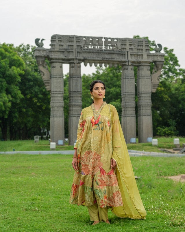 Green 3/4th Sleeves Floral print, Mirror work Cotton Calf length Kurta Set - With Dupatta