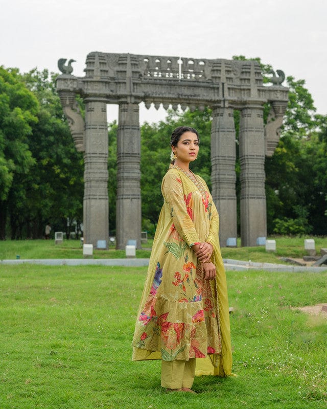 Green 3/4th Sleeves Floral print, Mirror work Cotton Calf length Kurta Set - With Dupatta