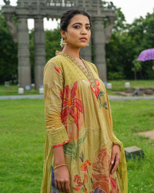 Green 3/4th Sleeves Floral print, Mirror work Cotton Calf length Kurta Set - With Dupatta