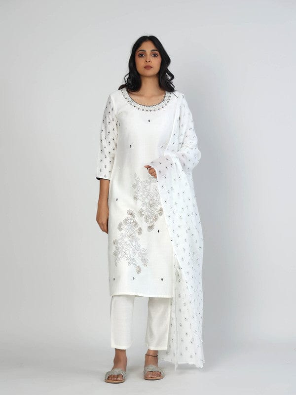 White 3/4th Sleeves Viscose Placement print with mirror and thread work Calf length Kurta Set - With Dupatta