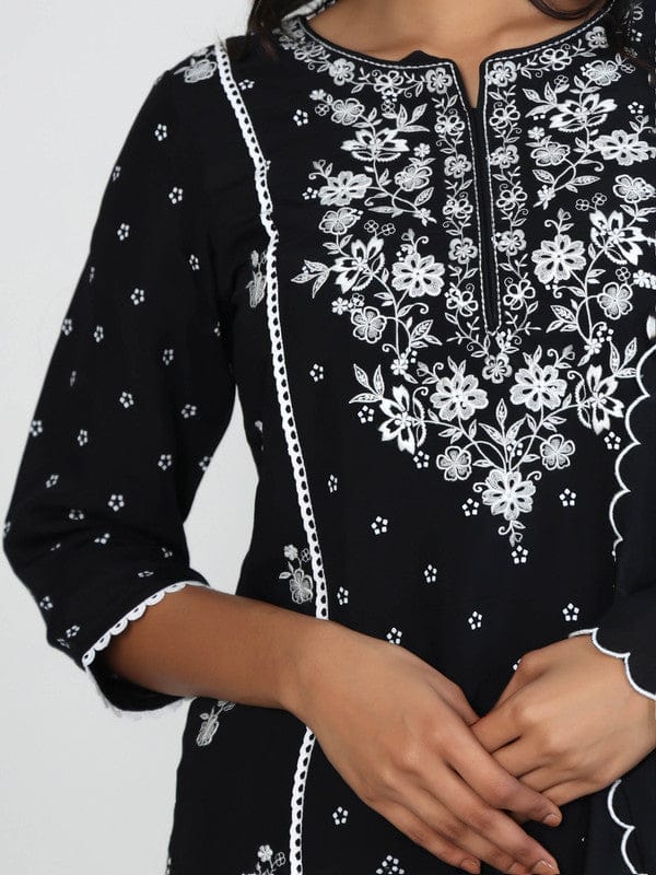 Black 3/4th Sleeves Chanderi All over mixed prints Calf length Kurta Set - With Dupatta