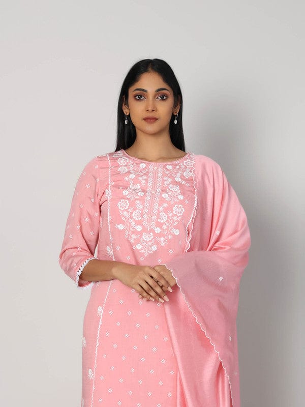Baby Pink 3/4th Sleeves Chanderi All over mixed prints Calf length Kurta Set - With Dupatta
