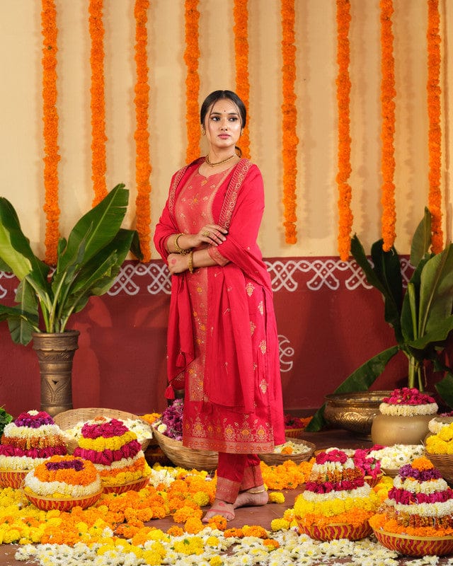 Red 3/4th Slevees Banaras Traditional Motifs Calf Length Kurta Set - With Dupatta