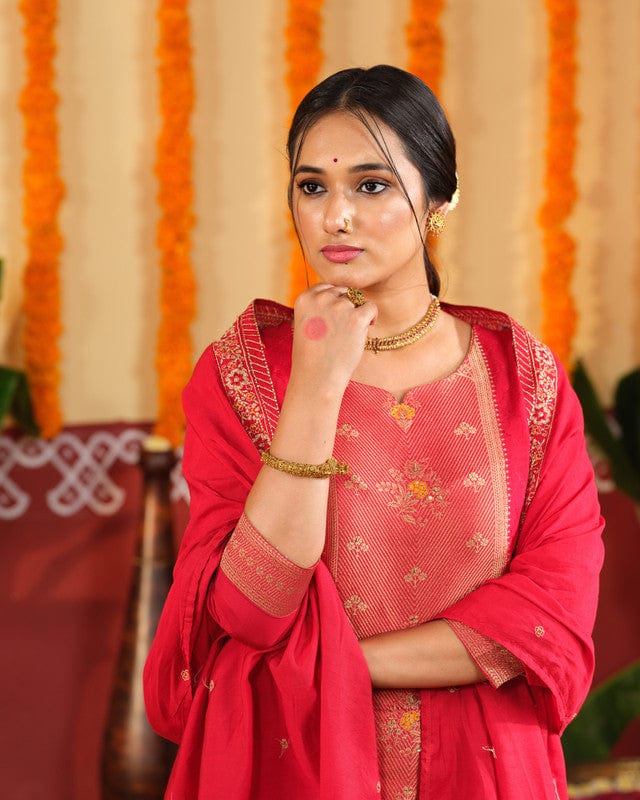 Red 3/4th Slevees Banaras Traditional Motifs Calf Length Kurta Set - With Dupatta