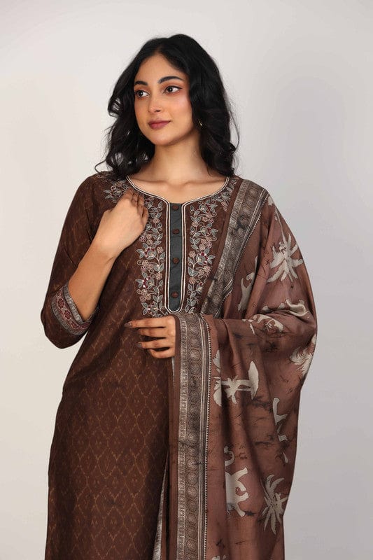 Brown 3/4th Sleeves Silk Chanderi All over print Calf length Kurta Set - With Dupatta