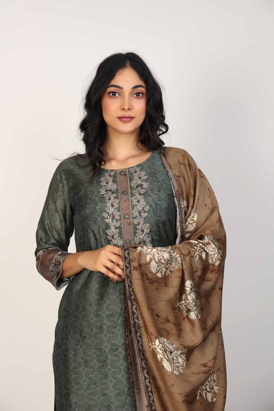 Olive 3/4th Sleeves Silk Chanderi All over print Calf length Kurta Set - With Dupatta