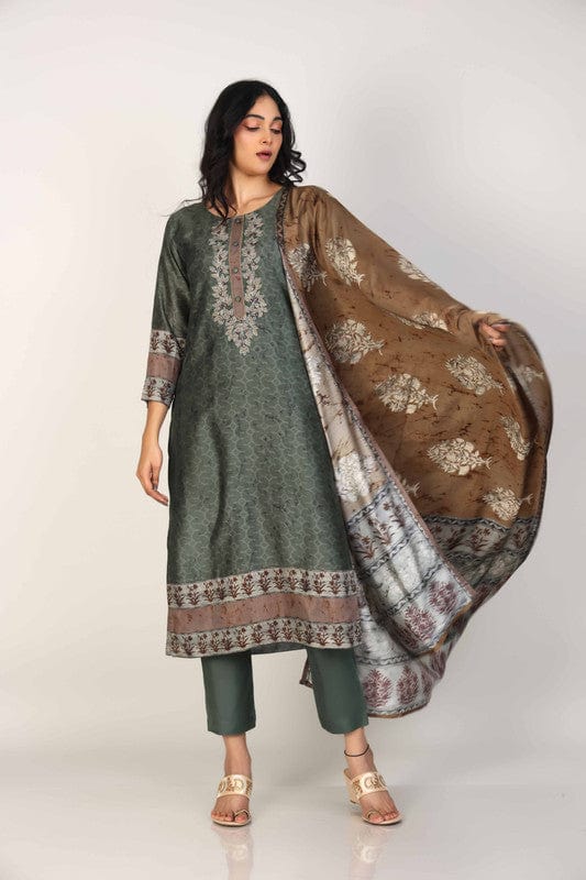 Olive 3/4th Sleeves Silk Chanderi All over print Calf length Kurta Set - With Dupatta