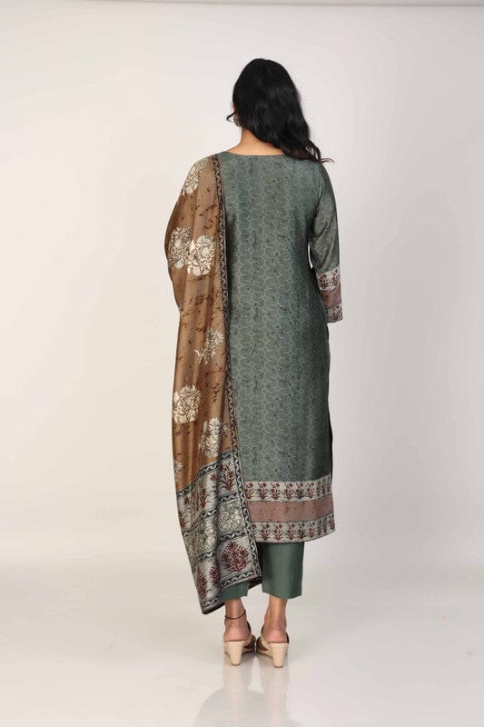 Olive 3/4th Sleeves Silk Chanderi All over print Calf length Kurta Set - With Dupatta