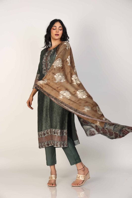 Olive 3/4th Sleeves Silk Chanderi All over print Calf length Kurta Set - With Dupatta