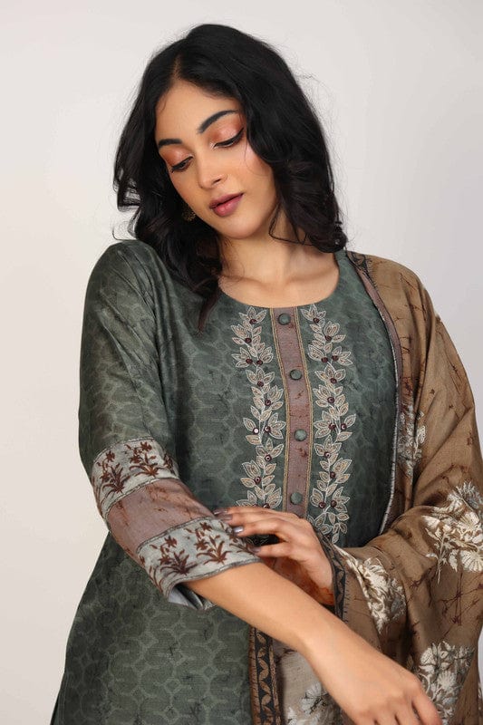 Olive 3/4th Sleeves Silk Chanderi All over print Calf length Kurta Set - With Dupatta