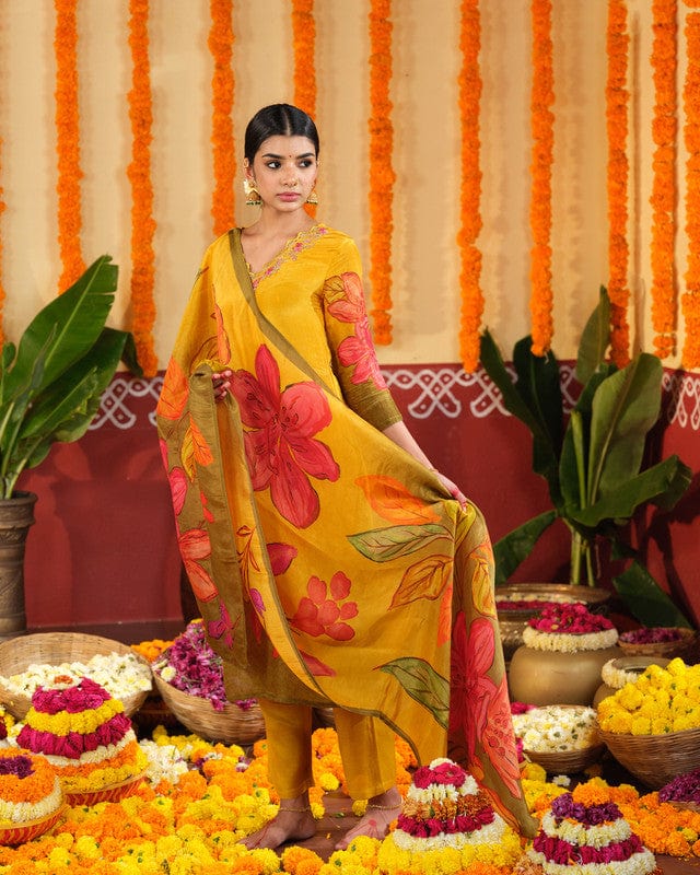 Yellow 3/4th Slevees Tissue Floral Calf Length Kurta Set - With Dupatta