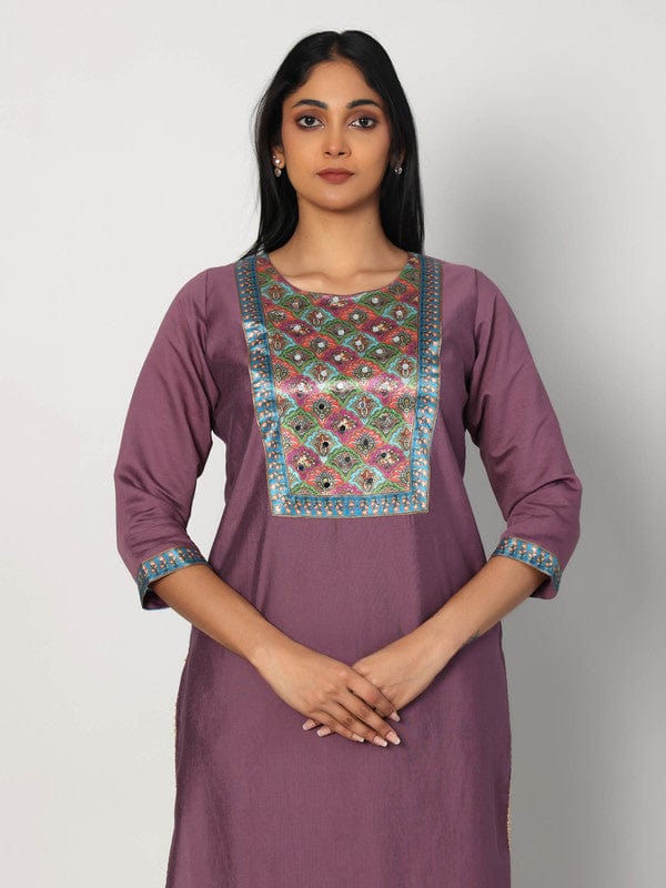 Purple 3/4th Sleeves Chanderi Neck placket and gota patti at hem Calf length Kurta Set - With Dupatta