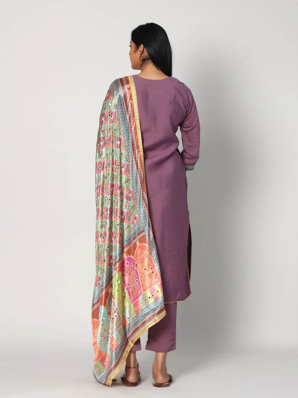 Purple 3/4th Sleeves Chanderi Neck placket and gota patti at hem Calf length Kurta Set - With Dupatta