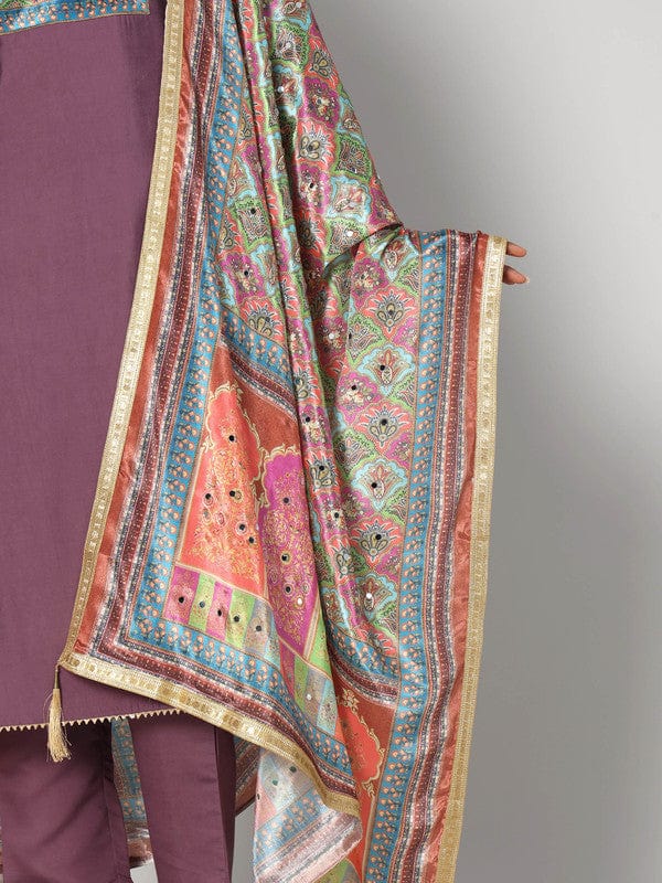 Purple 3/4th Sleeves Chanderi Neck placket and gota patti at hem Calf length Kurta Set - With Dupatta
