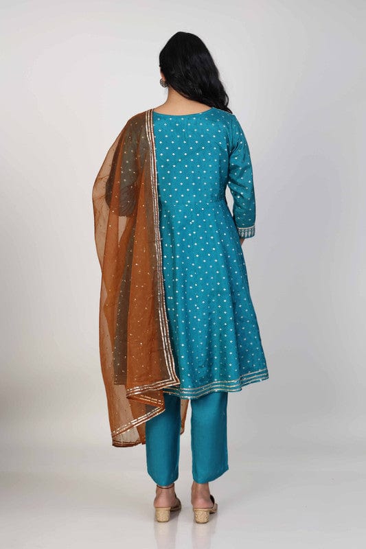 Teal 3/4th Sleeves Chanderi Zari thread work Knee length Kurta Set - With Dupatta