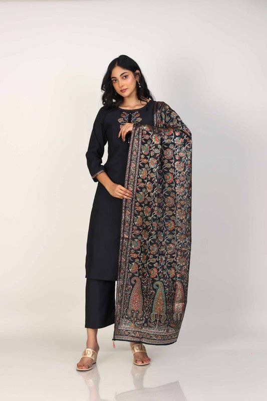 Black 3/4th Sleeves Poly Chanderi Thread work Calf length Kurta Set - With Dupatta