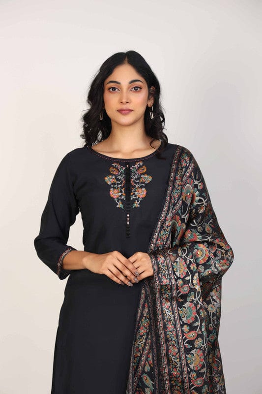 Black 3/4th Sleeves Poly Chanderi Thread work Calf length Kurta Set - With Dupatta