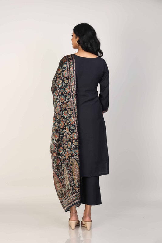 Black 3/4th Sleeves Poly Chanderi Thread work Calf length Kurta Set - With Dupatta