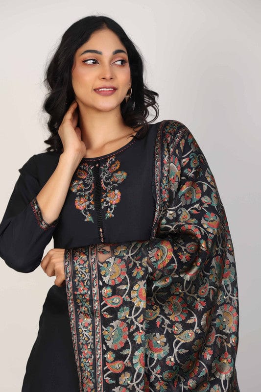 Black 3/4th Sleeves Poly Chanderi Thread work Calf length Kurta Set - With Dupatta