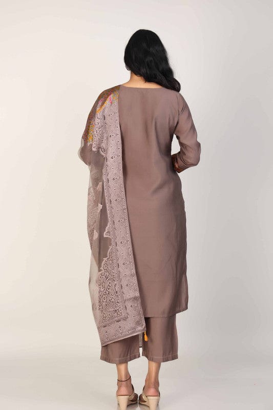 Brown 3/4th Sleeves Poly Chanderi Thread work Calf length Kurta Set - With Dupatta