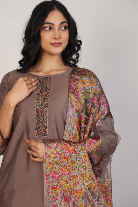 Brown 3/4th Sleeves Poly Chanderi Thread work Calf length Kurta Set - With Dupatta