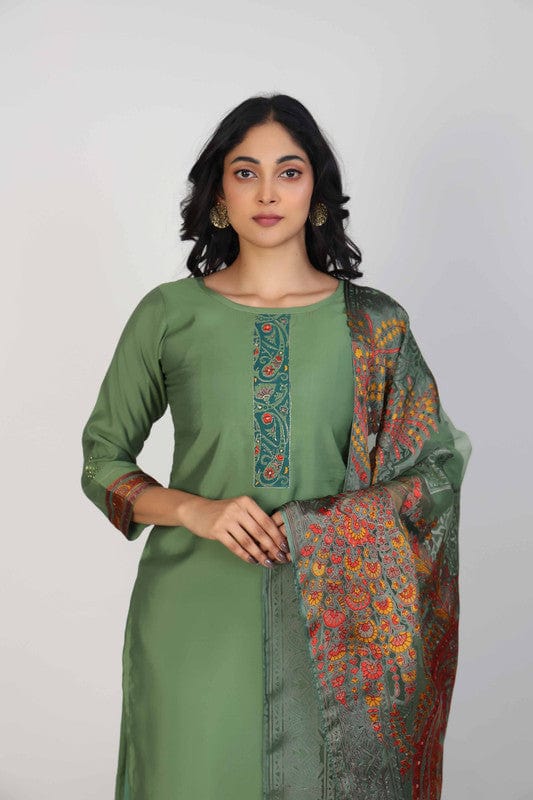 Green 3/4th Sleeves Poly Chanderi Thread work and mirror work Calf length Kurta Set - With Dupatta