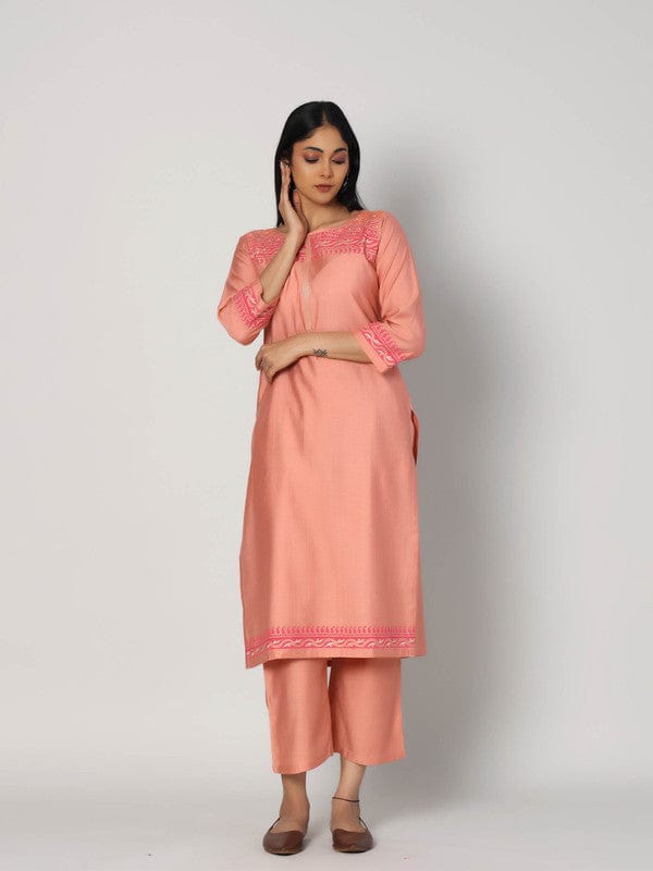 Peach 3/4th Sleeves Chanderi Placement print at neck, hem and cuffs Calf length Kurta Set - With Dupatta