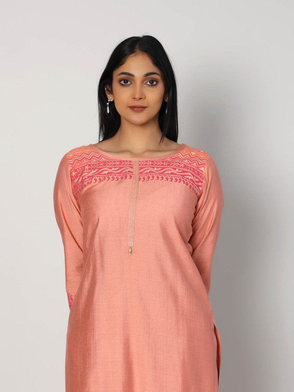 Peach 3/4th Sleeves Chanderi Placement print at neck, hem and cuffs Calf length Kurta Set - With Dupatta