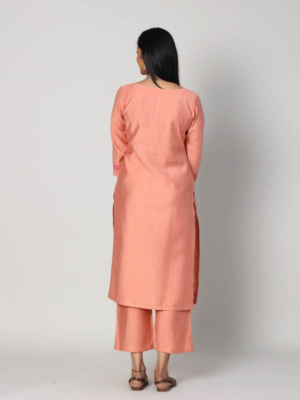 Peach 3/4th Sleeves Chanderi Placement print at neck, hem and cuffs Calf length Kurta Set - With Dupatta