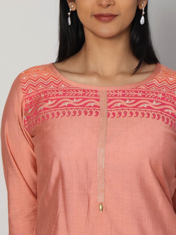 Peach 3/4th Sleeves Chanderi Placement print at neck, hem and cuffs Calf length Kurta Set - With Dupatta