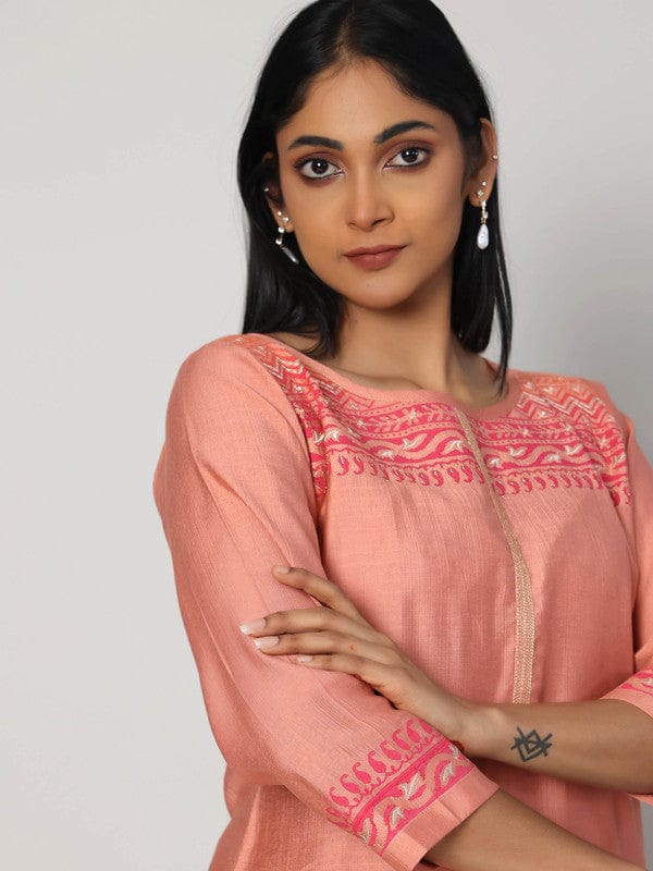 Peach 3/4th Sleeves Chanderi Placement print at neck, hem and cuffs Calf length Kurta Set - With Dupatta