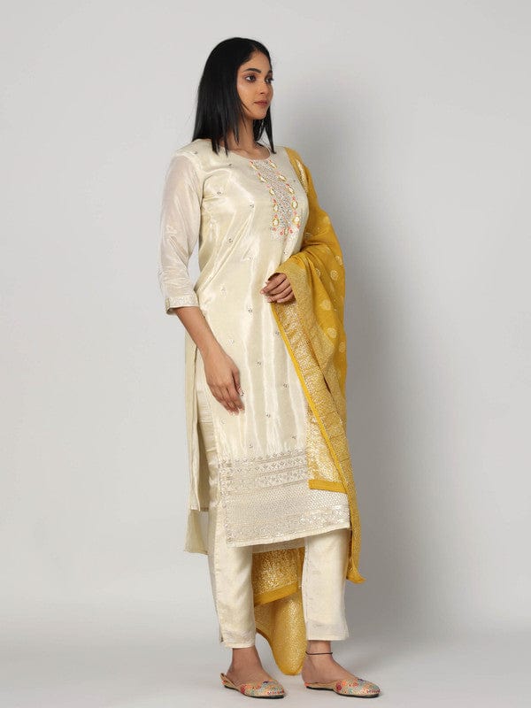 Beige 3/4th Sleeves Soft Tissue Thread work, embellishment work, mirror work Calf length Kurta Set - With Dupatta