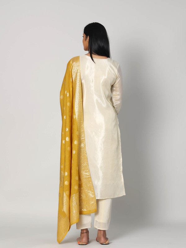 Beige 3/4th Sleeves Soft Tissue Thread work, embellishment work, mirror work Calf length Kurta Set - With Dupatta