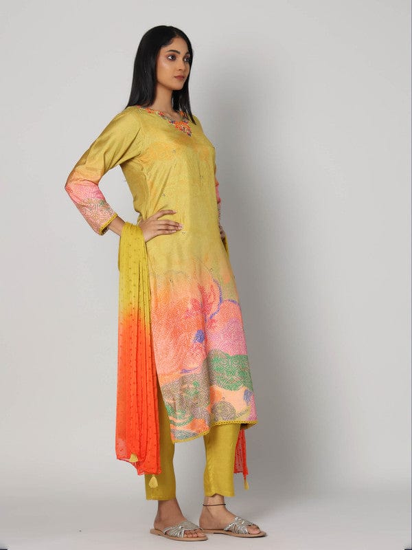 Yellow 3/4th Sleeves Silk Muslin All over print with embellishment work Calf length Kurta Set - With Dupatta