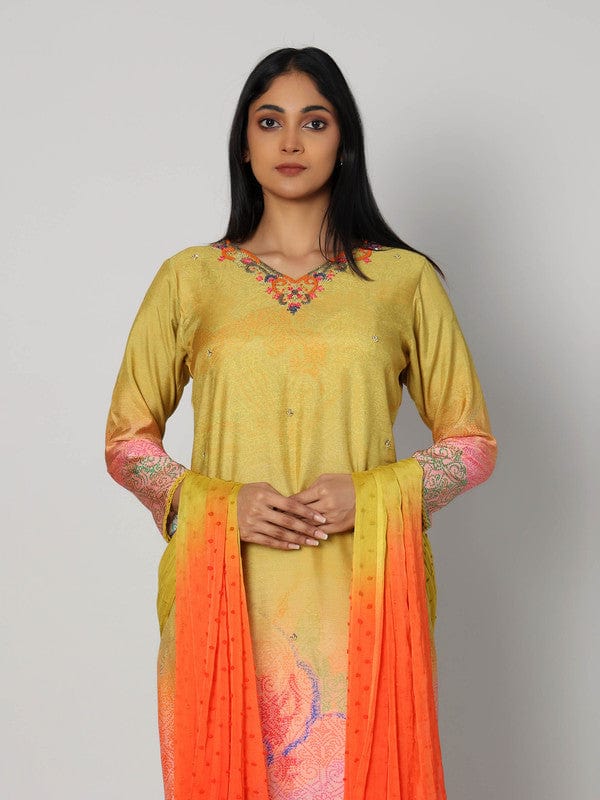 Yellow 3/4th Sleeves Silk Muslin All over print with embellishment work Calf length Kurta Set - With Dupatta