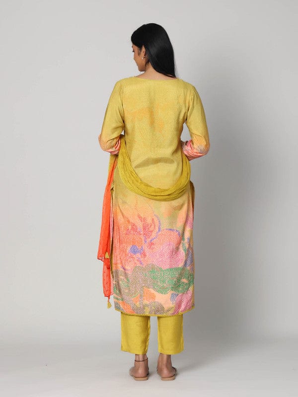 Yellow 3/4th Sleeves Silk Muslin All over print with embellishment work Calf length Kurta Set - With Dupatta
