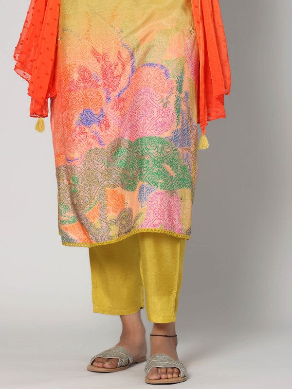 Yellow 3/4th Sleeves Silk Muslin All over print with embellishment work Calf length Kurta Set - With Dupatta