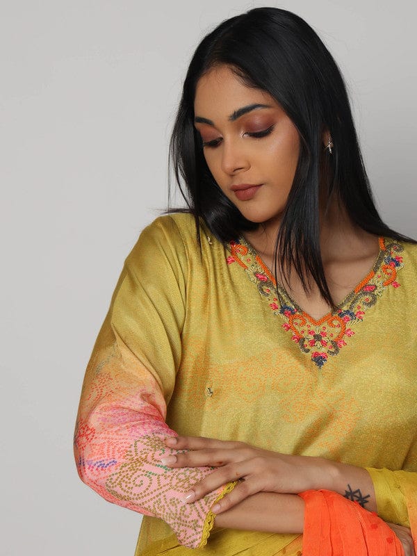 Yellow 3/4th Sleeves Silk Muslin All over print with embellishment work Calf length Kurta Set - With Dupatta