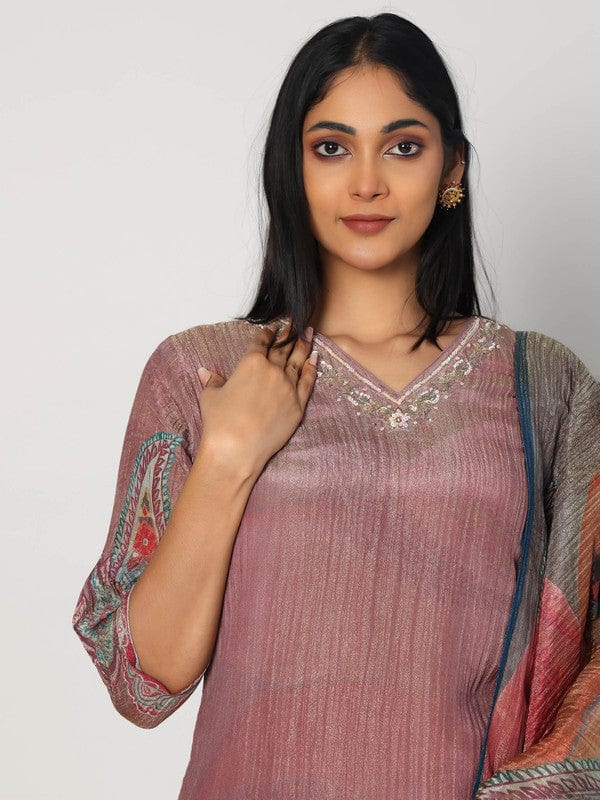 Mauve 3/4th Sleeves Soft Tissue Paisley and embellishment work Calf length Kurta Set - With Dupatta