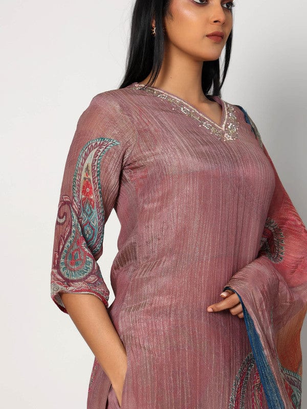 Mauve 3/4th Sleeves Soft Tissue Paisley and embellishment work Calf length Kurta Set - With Dupatta