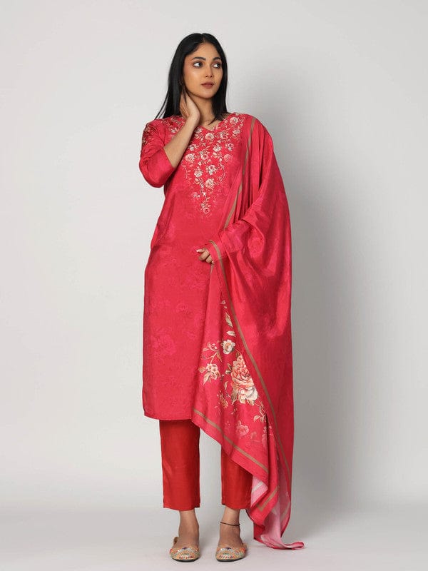 Red 3/4th Sleeves Soft Tissue Floral print with embellishment work Calf length Kurta Set - With Dupatta